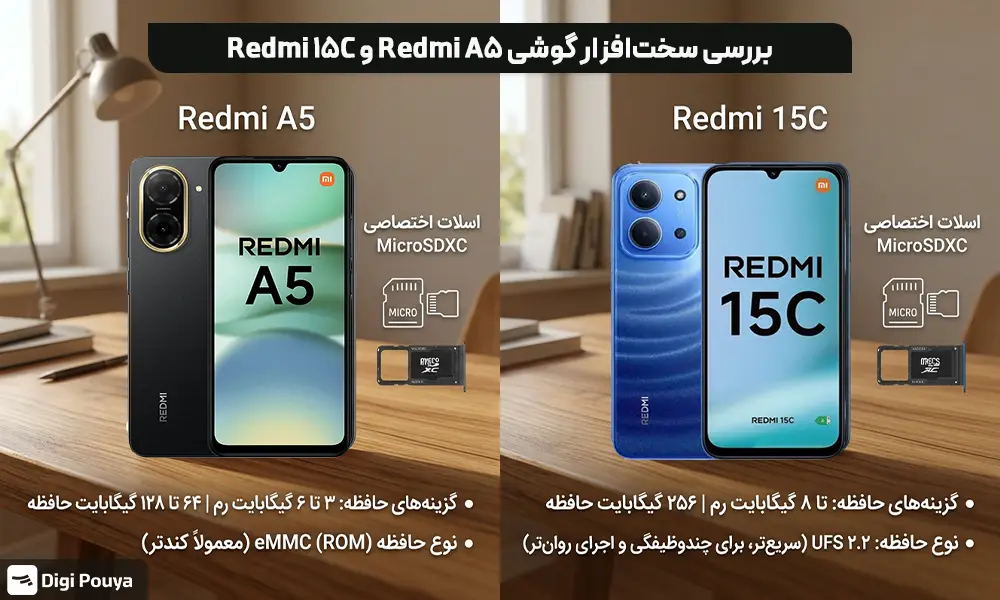 تفاوت سخت‌افزار گوشی Redmi A5 و Redmi 15C