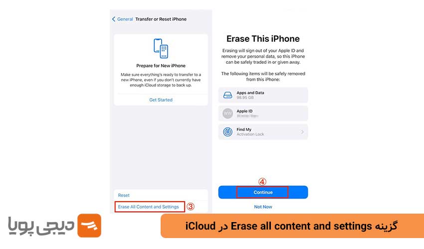 انتخاب گزینه Erase all content and settings در iCloud Backup