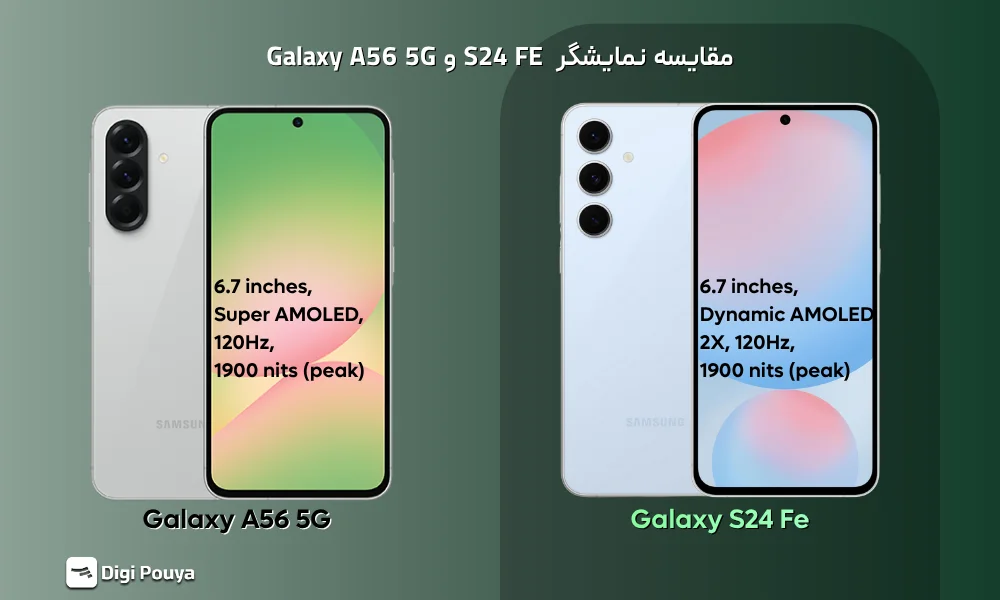 مقایسه نمایشگر Dynamic AMOLED در Galaxy S24 FE با Super AMOLED در Galaxy A56 5G