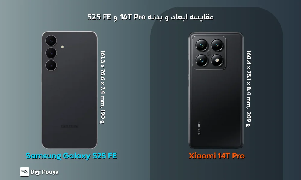 مقایسه طراحی بدنه و ابعاد دو گوشی S25 FE و 14T Pro از نظر زیبایی و ارگونومی