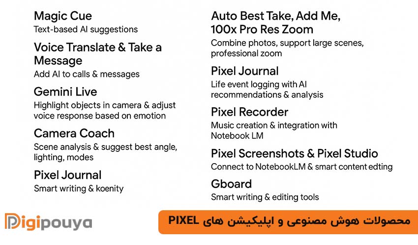 محصولات هوش مصنوعی و اپلیکیشن های Pixel